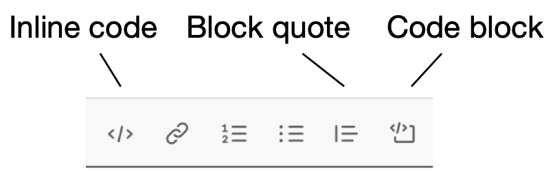 Slack formatting bar with inline code, code block, block quote buttons indicated